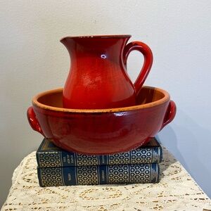 Vintage Da Silva Red Italian Ceramic Pitcher Jug and Bowl Made in Italy